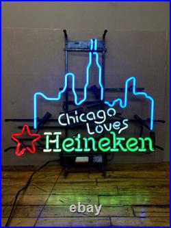 Vintage Chicago Loves Heineken Neon Sign Beer Bar Light 28x25 Tested Works