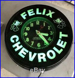 Vintage FELIX CHEVROLET Glo Dial Reverse Glass Metal Neon Clock 22 Gas Oil Sign