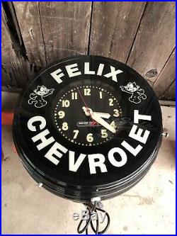 Vintage FELIX CHEVROLET Glo Dial Reverse Glass Metal Neon Clock 22 Gas Oil Sign