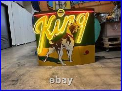 Vintage KING Working Neon Sign 40x36 Hand Painted Curved Metal Cabinet
