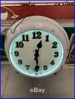 Vintage Large Porcelain Neon Shop Clock GAS OIL SODA COLA