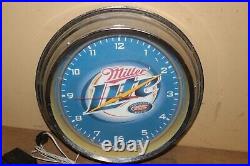 Vintage Miller Lite Beer Bar Tavern Metal Neon Lighted Clock Sign WORKS