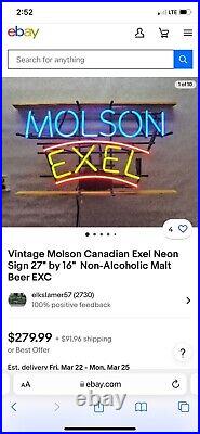 Vintage Molson Canadian Exel Neon Sign 27 by 16 Non-Alcoholic Malt Beer EXC