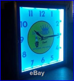 Vintage Neon Advertising Clock Blue Crown Spark Plugs Country Store