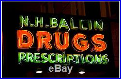 Vintage Neon Porcelain Sign N. H. BALLIN Drugs Prescriptions 43 X 86 Works Good