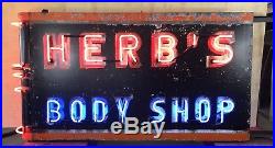 Vintage Neon Sign, Herb's Body Shop, 1940-1950s, Original