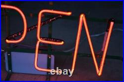 Vintage Neon Sign STORE DISPLAY hanging OPEN Sign GREEN METAL FRAME old
