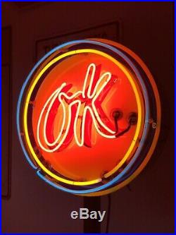 Vintage OK Neon Sign on Stand. Authentic. Blinking Neon. 24 across 56.5 high