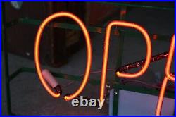 Vintage Open Sign Retail Store Display Lighted Neon Sign With Green Metal Frame