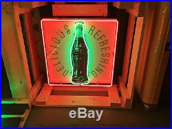 Vintage Original 1950's Coca Cola Bottle Porcelain Sign with New Neon and Can
