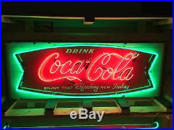 Vintage Original 1950's Coca Cola Porcelain Fishtail Sign with New Neon and Can