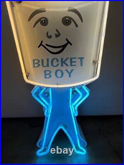 Vintage Paint BUCKET BOY Working Neon Sign 52x25 on Painted Metal Cabinet