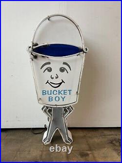 Vintage Paint BUCKET BOY Working Neon Sign 52x25 on Painted Metal Cabinet