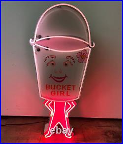 Vintage Paint BUCKET GIRL Working Neon Sign 52x25 on Painted Metal Cabinet