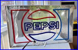 Vintage Pepsi Lighted Mirror Sign 19 Red Blue Faux Neon WORKS Employee Collecti