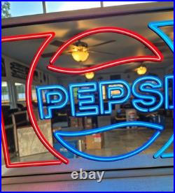Vintage Pepsi Lighted Mirror Sign 19 Red Blue Faux Neon WORKS Employee Collecti