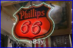 Vintage Phillips 66 Porcelain and Metal Neon Sign Number One Measures 4ft by 4ft