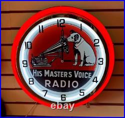 Vintage Retro Rca Records His Masters Voice Dog Metale Double Ring Neon Clock