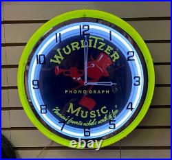Vintage Retro Wurlitzer Jukebox Music Room Metal Large Double Ring Neon Clock