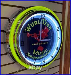 Vintage Retro Wurlitzer Jukebox Music Room Metal Large Double Ring Neon Clock