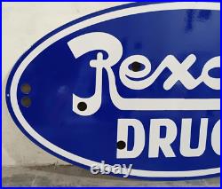 Vintage Rexall Drugs Neon Gas & Oil Porcelain Enamel Sign SSPN 48x24