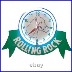 Vintage Rolling Rock Neon Bar Clock Sign, Latrobe Brewing Co. 1997, 12 x 8.5