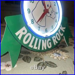 Vintage Rolling Rock Neon Bar Clock Sign, Latrobe Brewing Co. 1997, 12 x 8.5