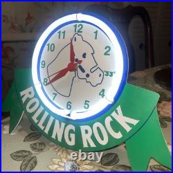 Vintage Rolling Rock Neon Bar Clock Sign, Latrobe Brewing Co. 1997, 12 x 8.5
