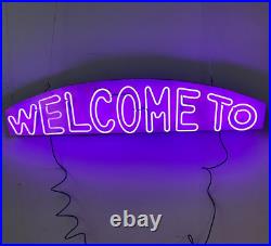 Vintage WELCOME TO Working Purple Neon Sign 60x10 on Painted Wooden Backer