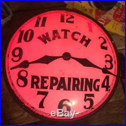 Vintage Watch Clock Repair Trade Sign Reverse Painted Bubble Glass, Lighted Neon