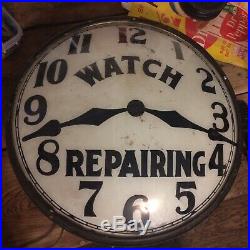 Vintage Watch Clock Repair Trade Sign Reverse Painted Bubble Glass, Lighted Neon