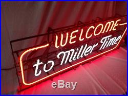 Vintage authentic Welcome to Miller Time neon beer sign works. Large 36x14 1/4