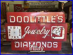 WOW! VinTagE Original DOOLITTLE DIAMONDS Clocks & Jewels 2 Sided NEON PORCELAIN