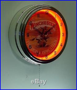 Winchester Firearms & Ammunition Sign 16 Orange Neon Lighted Wall Clock Chrome