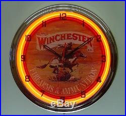 Winchester Firearms & Ammunition Sign 16 Orange Neon Lighted Wall Clock Chrome