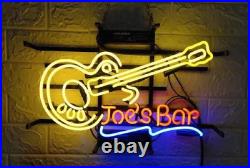 Yellow Guitar Joe's Bar Glass Neon Light Sign 19x15 Vintage Style Pub Lamp